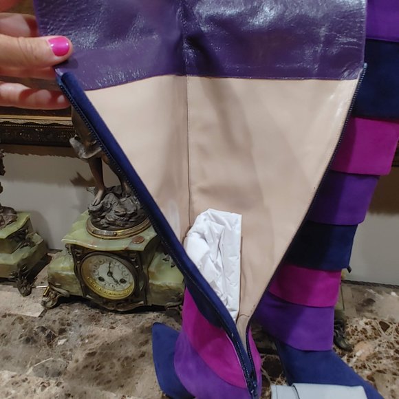 Brand New Manolo Blahnik Tall Boots Color Block Leather Suede Italy Size 7 - Picture 5 of 11